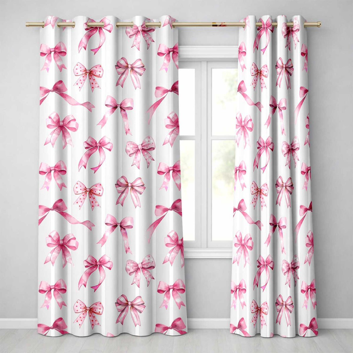 Watercolor Pink Ribbon Bow Seamless  with Grey Stripes Background  Readymade Eyelet Ring Top Thermal 100% Blackout Curtains