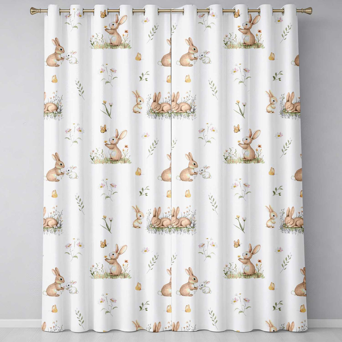 Watercolor Bunny Floral Meadow Seamless  on White Background  Readymade Eyelet Ring Top Thermal 100% Blackout Curtains