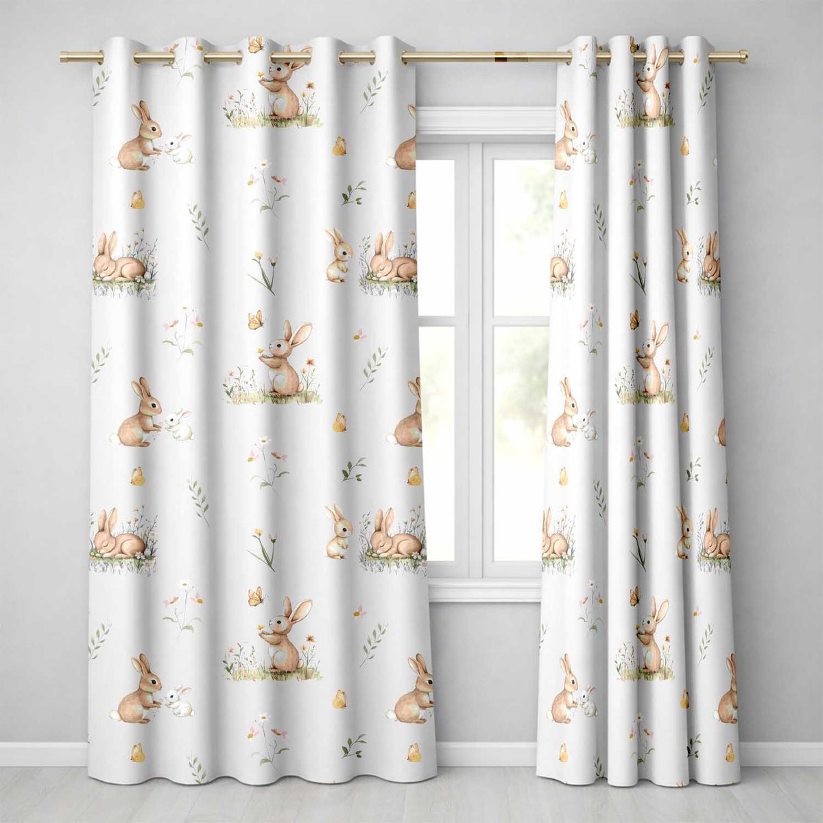 Watercolor Bunny Floral Meadow Seamless  on Grey Background  Readymade Eyelet Ring Top Thermal 100% Blackout Curtains
