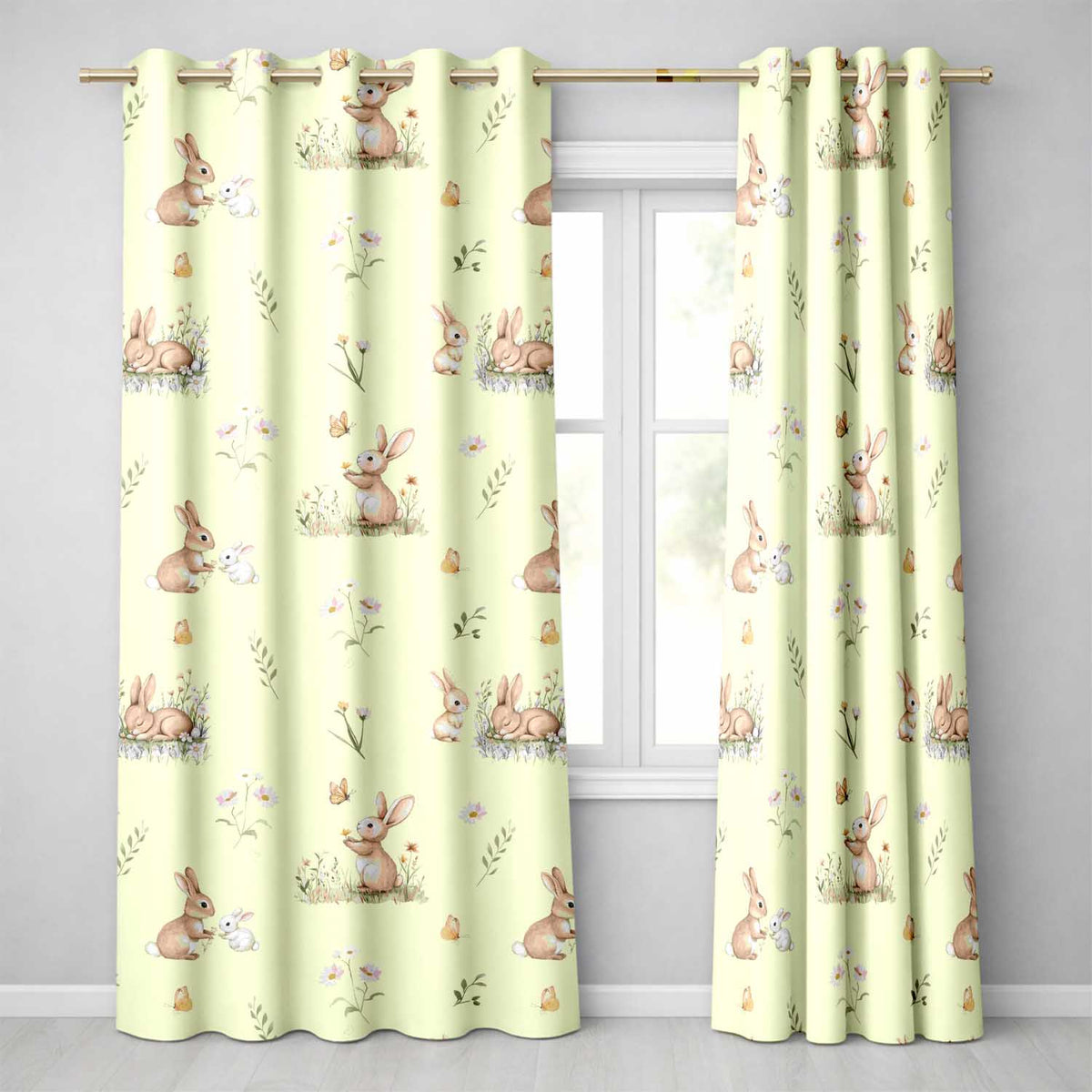 Watercolor Bunny Floral Meadow Seamless  on Neutral Cream Background  Readymade Eyelet Ring Top Thermal 100% Blackout Curtains