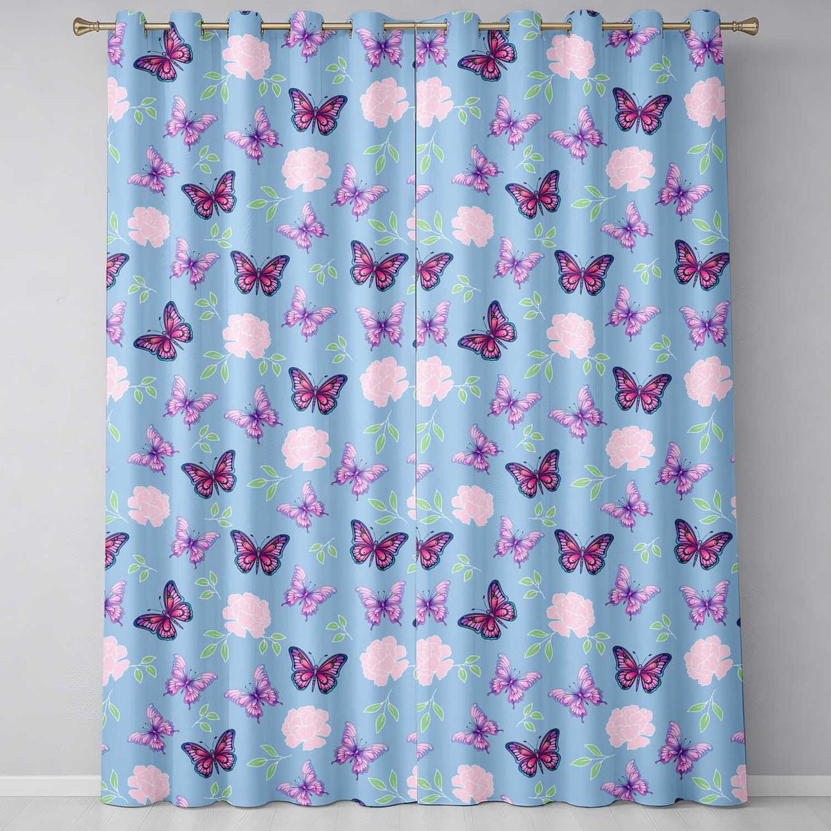 Pink Purple Butterfly Floral Sky Blue Background Seamless  Readymade Eyelet Ring Top Thermal 100% Blackout Curtains