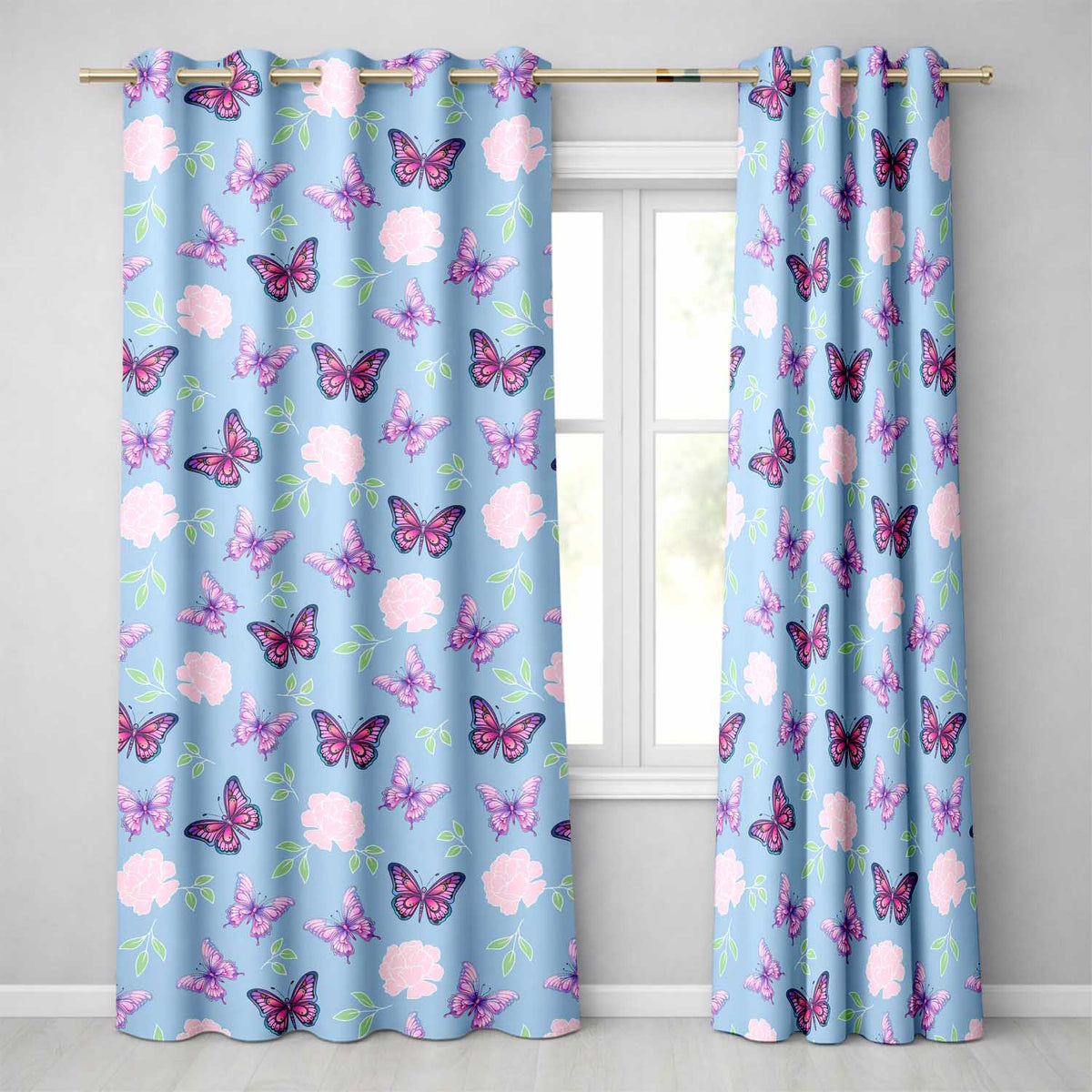 Pink Purple Butterfly Floral Sky Blue Background Seamless  Readymade Eyelet Ring Top Thermal 100% Blackout Curtains