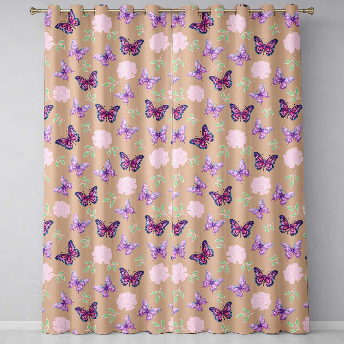 Pink Purple Butterfly Floral Peach Background Seamless  Readymade Eyelet Ring Top Thermal 100% Blackout Curtains