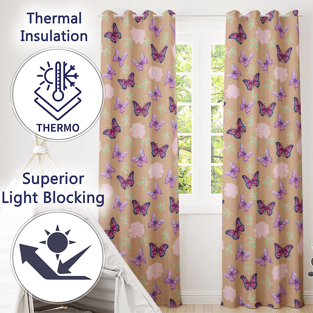 Pink Purple Butterfly Floral Peach Background Seamless  Readymade Eyelet Ring Top Thermal 100% Blackout Curtains