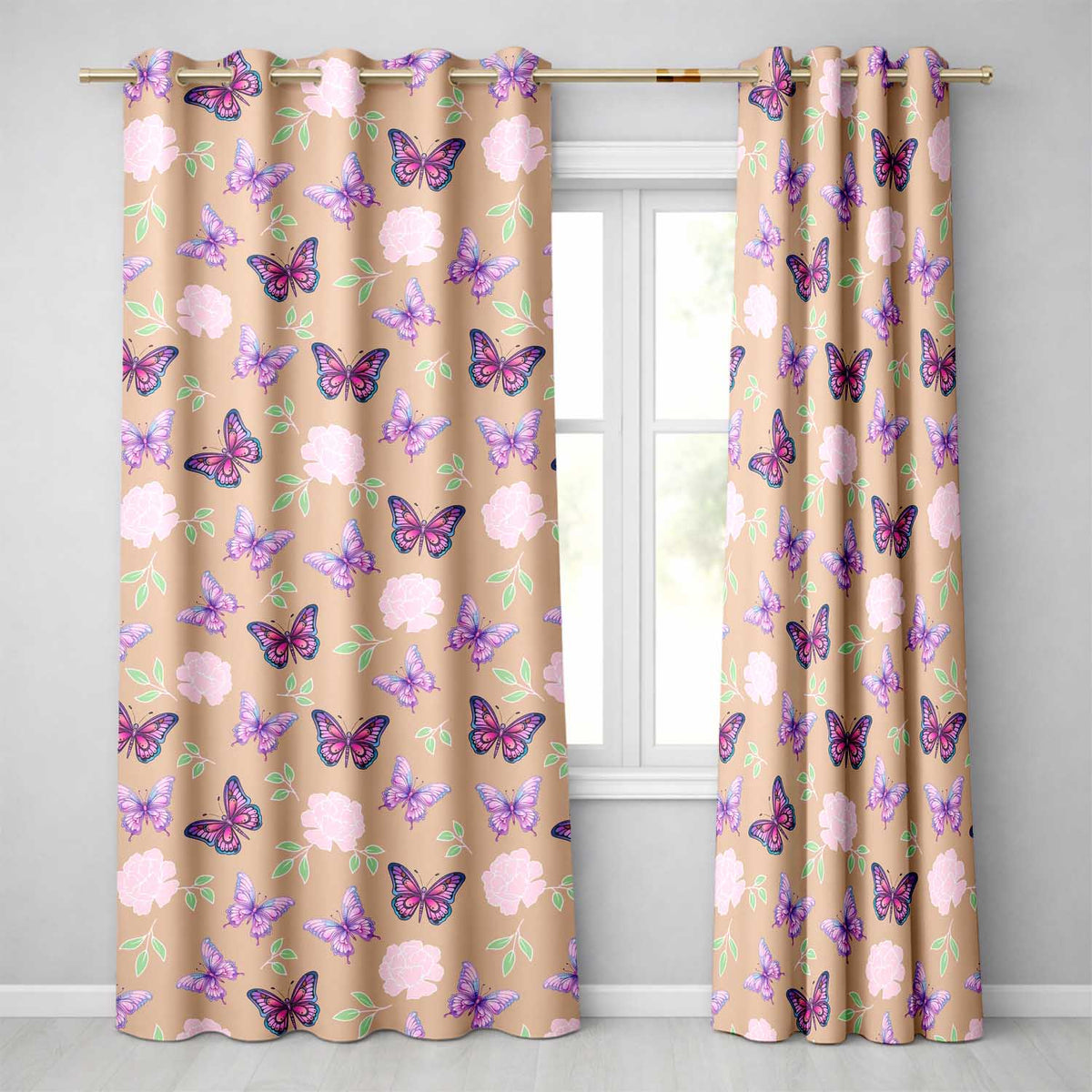 Pink Purple Butterfly Floral Peach Background Seamless  Readymade Eyelet Ring Top Thermal 100% Blackout Curtains