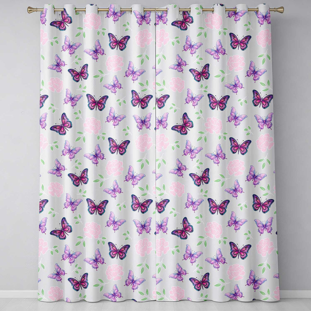 Pink Purple Butterfly Floral Grey Background Seamless  Readymade Eyelet Ring Top Thermal 100% Blackout Curtains