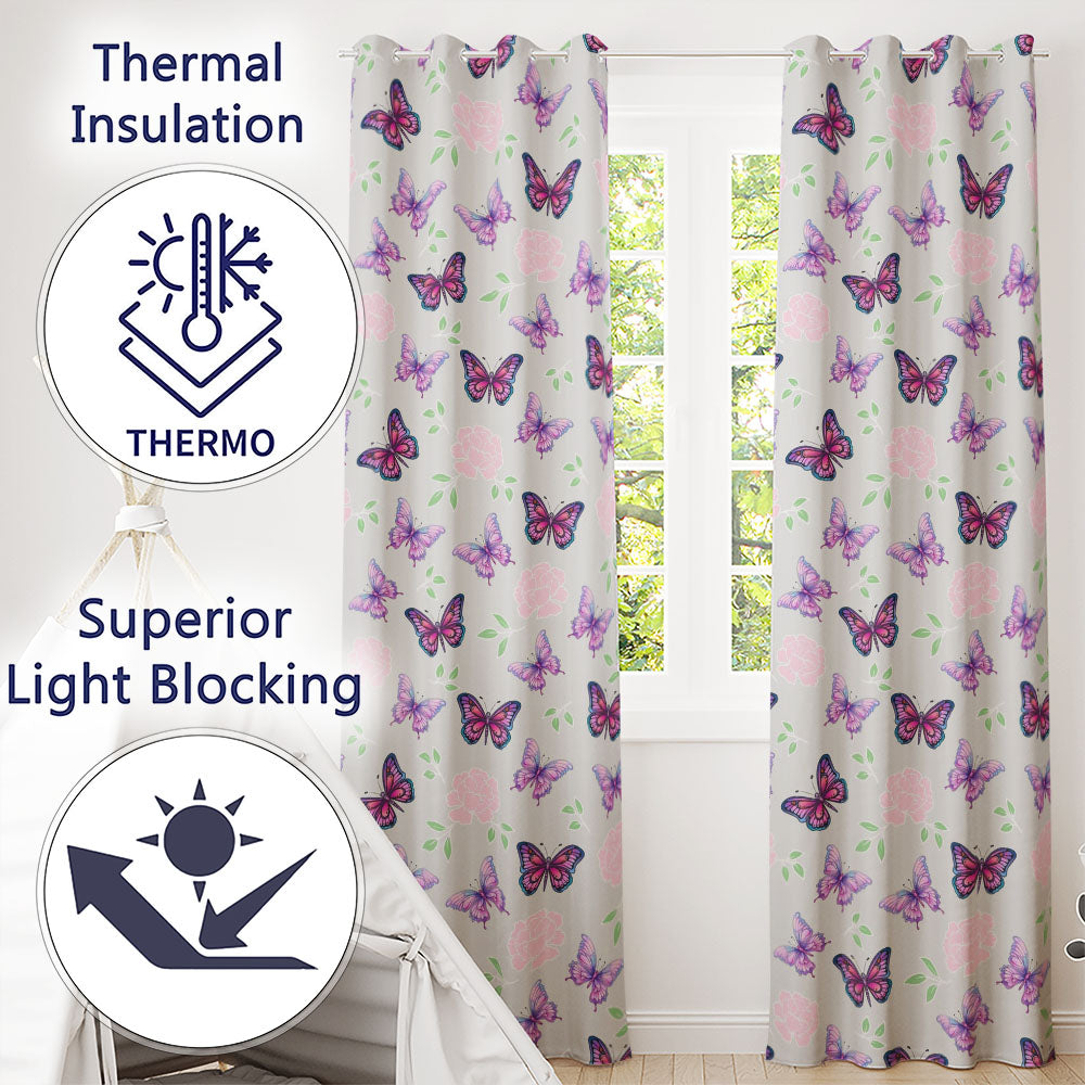 Pink Purple Butterfly Floral Grey Background Seamless  Readymade Eyelet Ring Top Thermal 100% Blackout Curtains