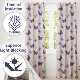 Pink Purple Butterfly Floral Grey Background Seamless  Readymade Eyelet Ring Top Thermal 100% Blackout Curtains