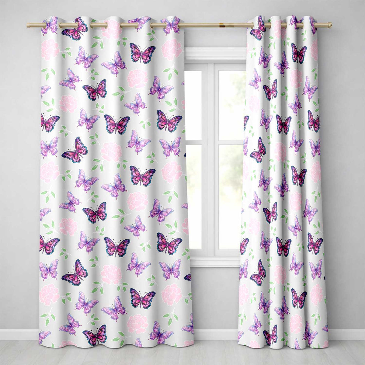 Pink Purple Butterfly Floral Grey Background Seamless  Readymade Eyelet Ring Top Thermal 100% Blackout Curtains