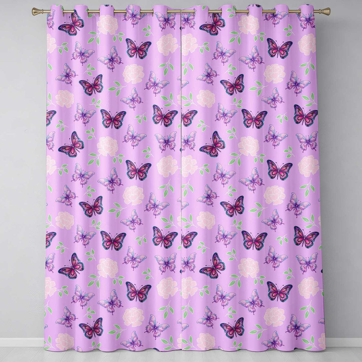 Pink Purple Butterfly Floral Lavender Background Seamless  Readymade Eyelet Ring Top Thermal 100% Blackout Curtains