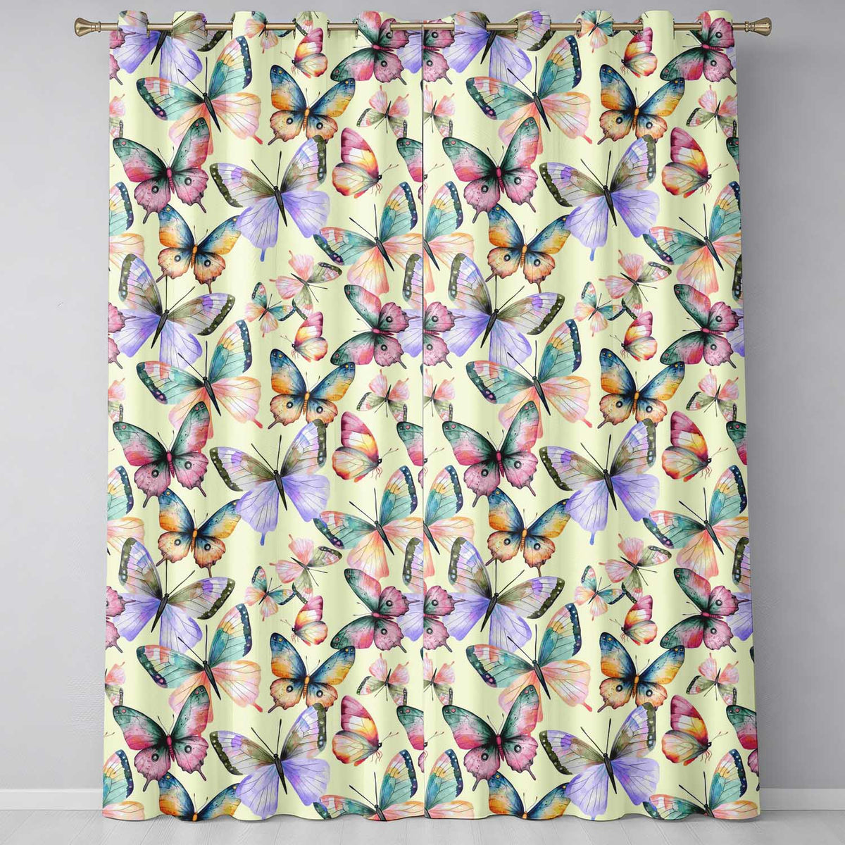 Pastel Watercolor Butterflies Black Background Seamless  Readymade Eyelet Ring Top Thermal 100% Blackout Curtains