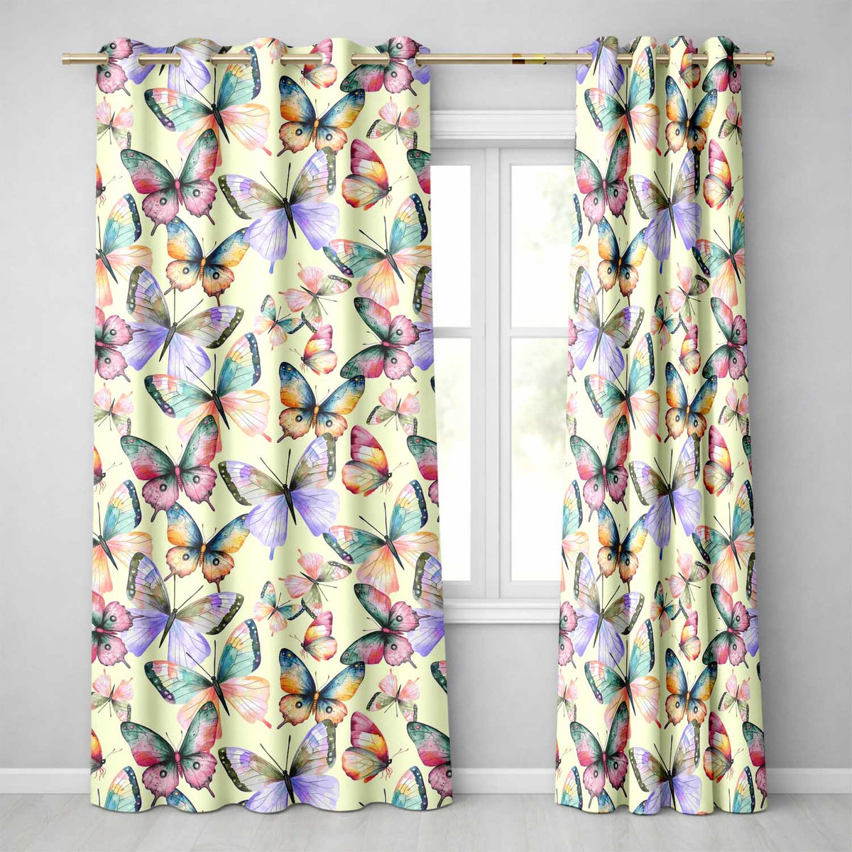 Pastel Watercolor Butterflies Black Background Seamless  Readymade Eyelet Ring Top Thermal 100% Blackout Curtains