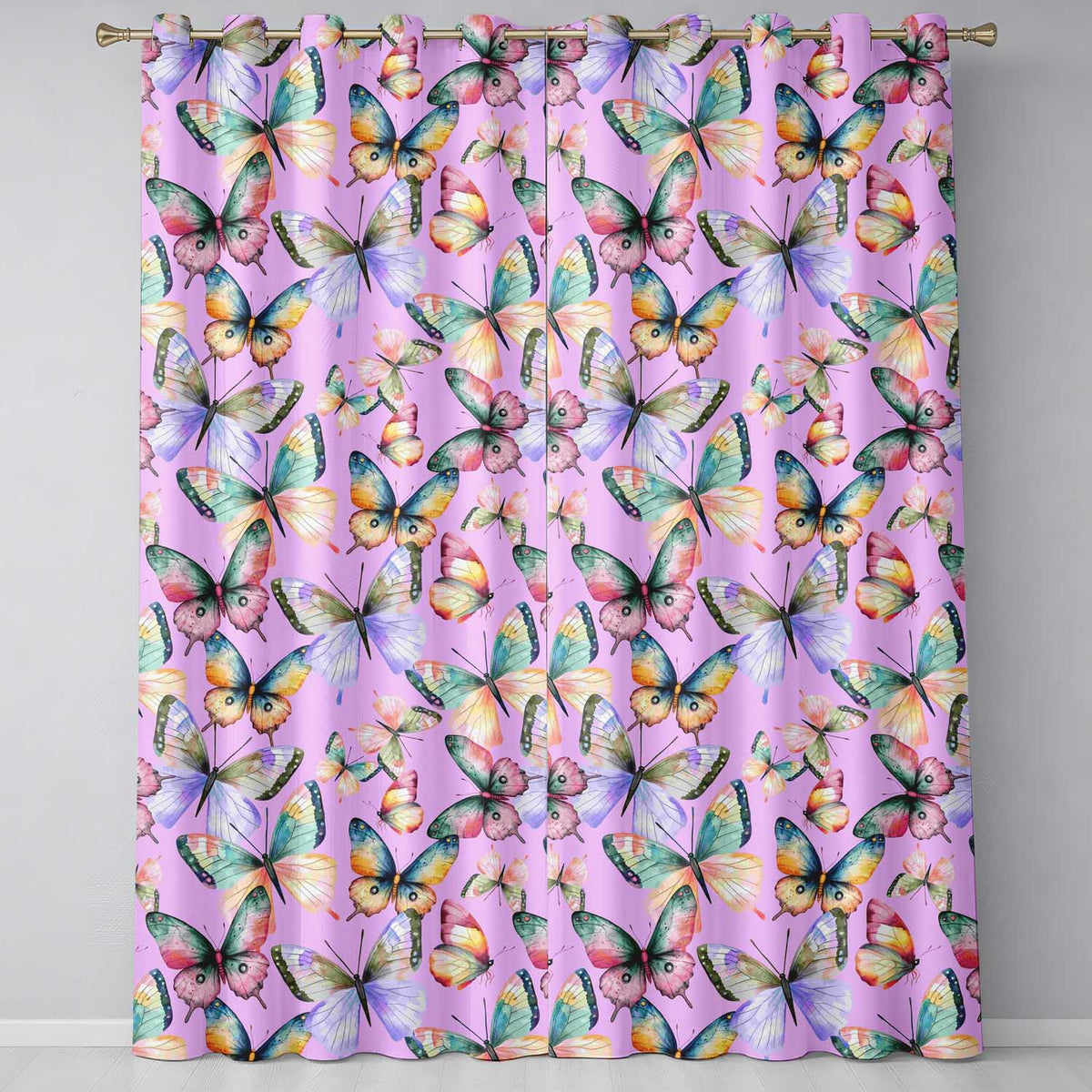 Pastel Watercolor Butterflies Pink Background Seamless  Readymade Eyelet Ring Top Thermal 100% Blackout Curtains