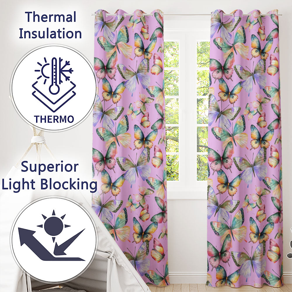 Pastel Watercolor Butterflies Pink Background Seamless  Readymade Eyelet Ring Top Thermal 100% Blackout Curtains