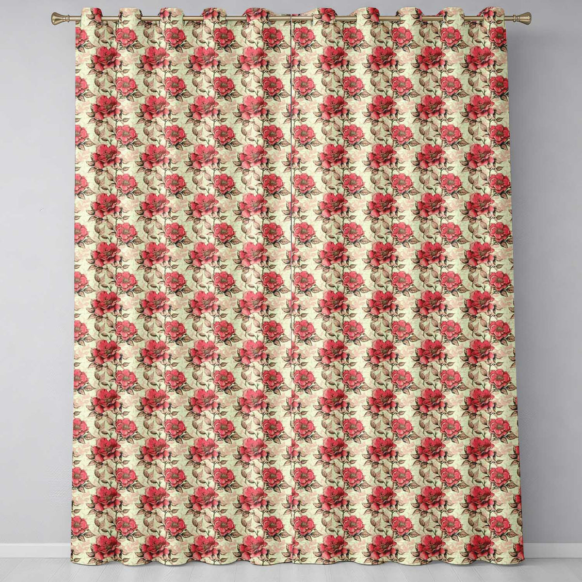 Vintage Red Flower Botanical Seamless Pattern  Readymade Eyelet Ring Top Thermal 100% Blackout Curtains