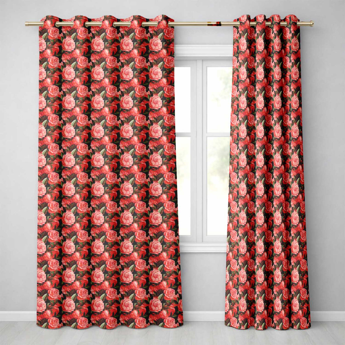 Dark Background Coral Rose Floral Seamless  Readymade Eyelet Ring Top Thermal 100% Blackout Curtains