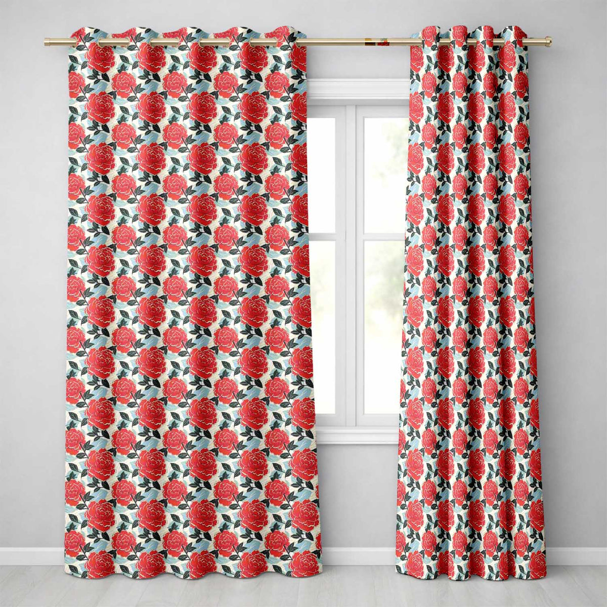 Red Rose Blue Accent Floral Seamless Pattern  Readymade Eyelet Ring Top Thermal 100% Blackout Curtains