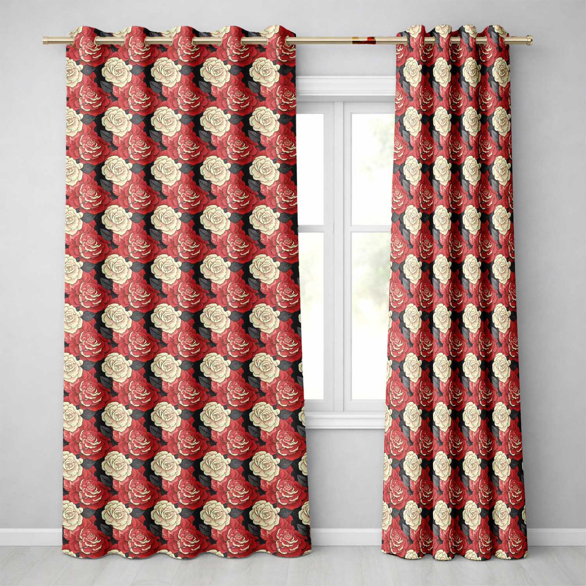Coral Camellia Branch Botanical Cream Background Seamless  Readymade Eyelet Ring Top Thermal 100% Blackout Curtains