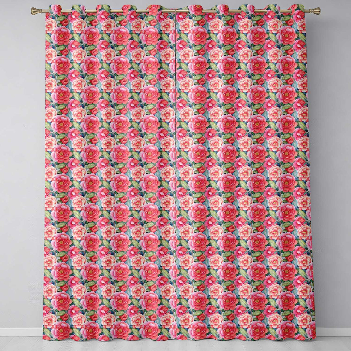Pink and Red Rose Garden Floral Seamless  Readymade Eyelet Ring Top Thermal 100% Blackout Curtains