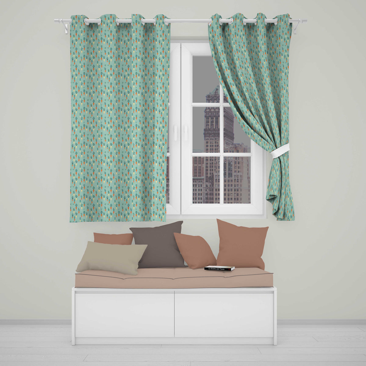 Pastel Carrot Folk Art Style Seamless  Mint Background Whimsical Design  Readymade Eyelet Ring Top Thermal 100% Blackout Curtains