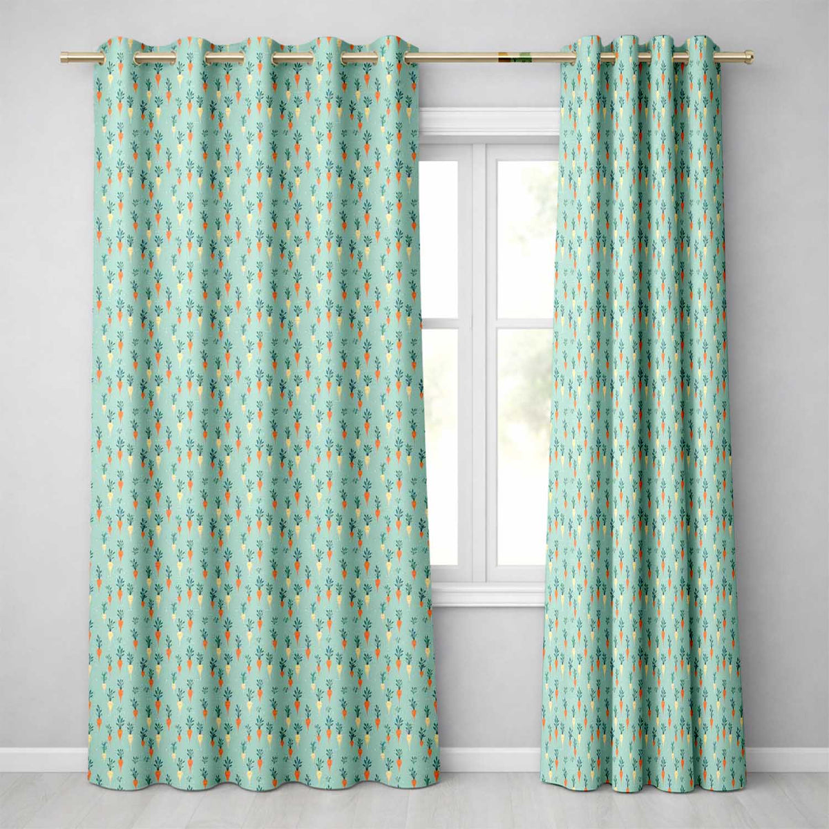 Pastel Carrot Folk Art Style Seamless  Mint Background Whimsical Design  Readymade Eyelet Ring Top Thermal 100% Blackout Curtains