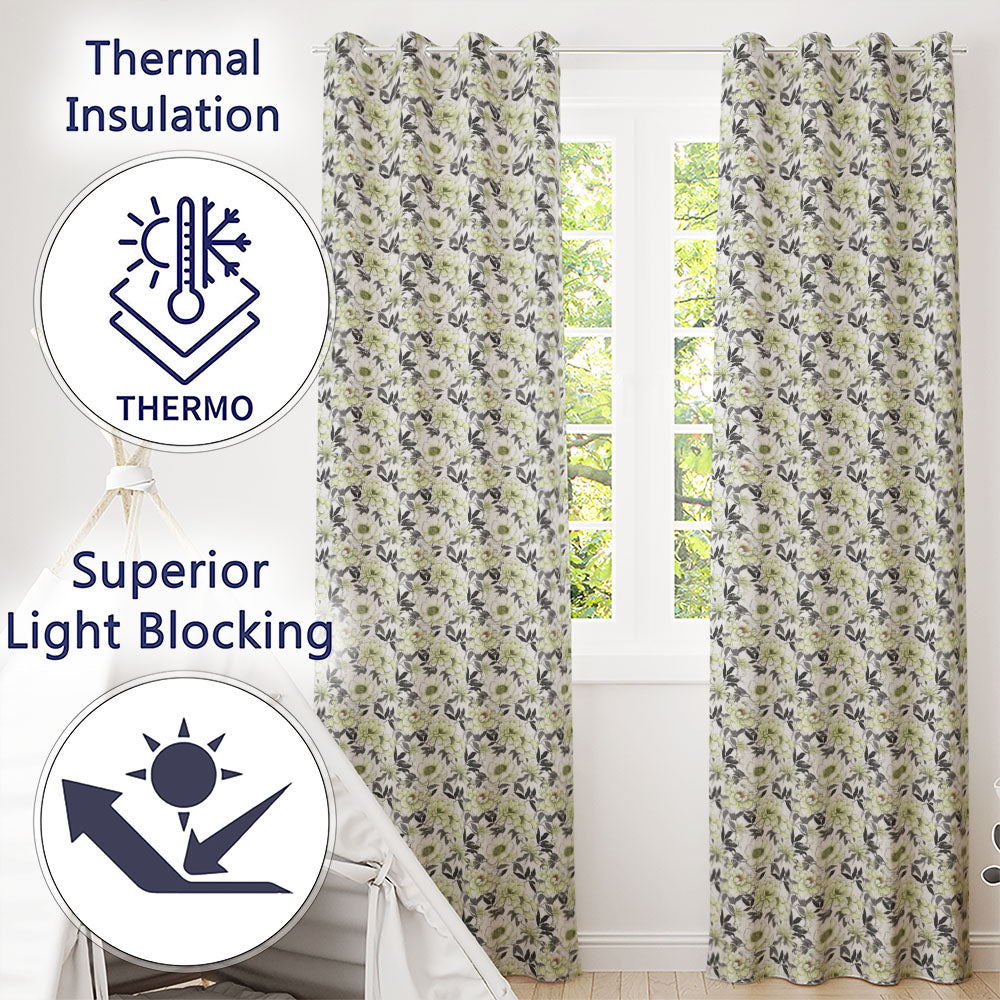 Elegant Monochrome Floral Vintage Botanical Seamless  Neutral Tones  Readymade Eyelet Ring Top Thermal 100% Blackout Curtains