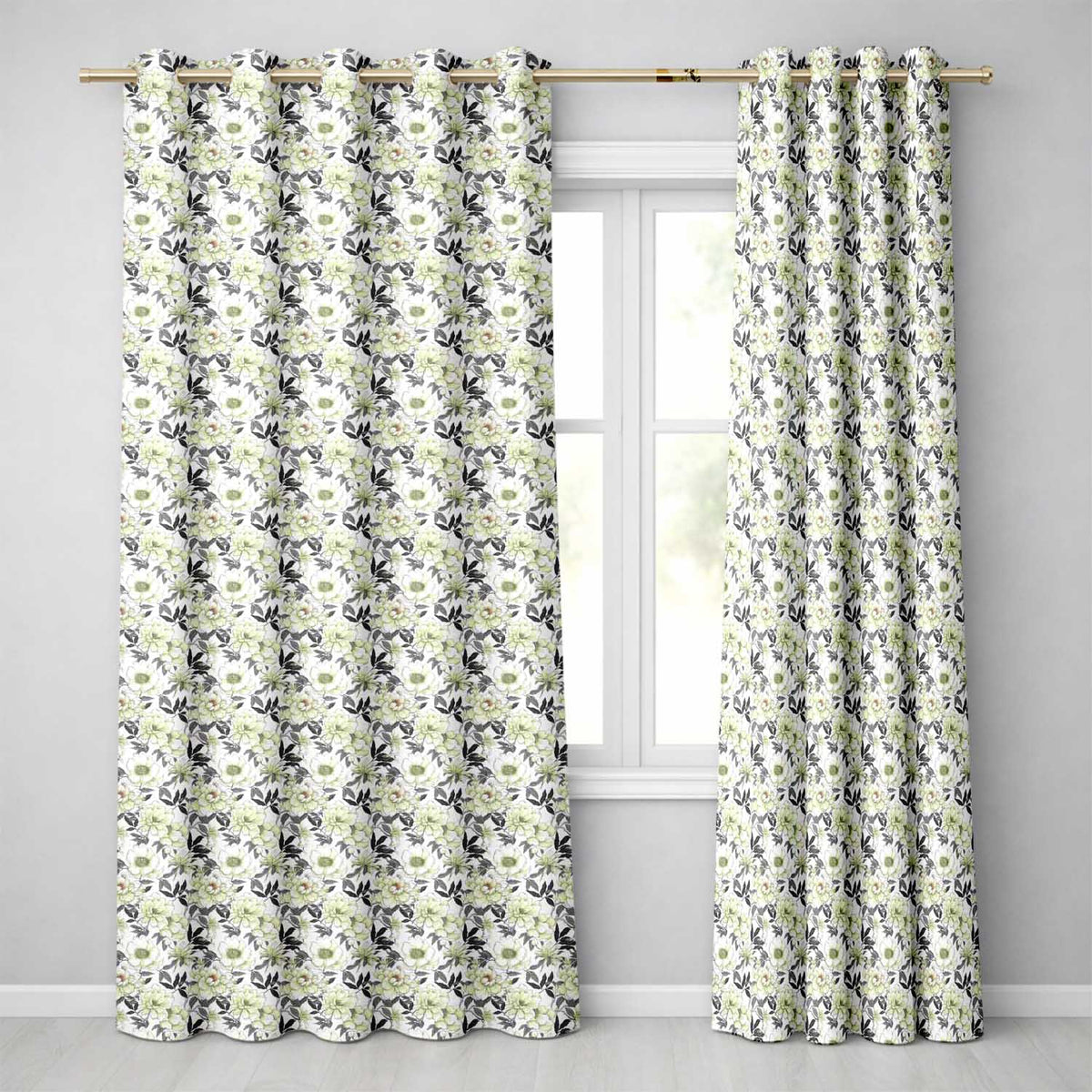 Elegant Monochrome Floral Vintage Botanical Seamless  Neutral Tones  Readymade Eyelet Ring Top Thermal 100% Blackout Curtains