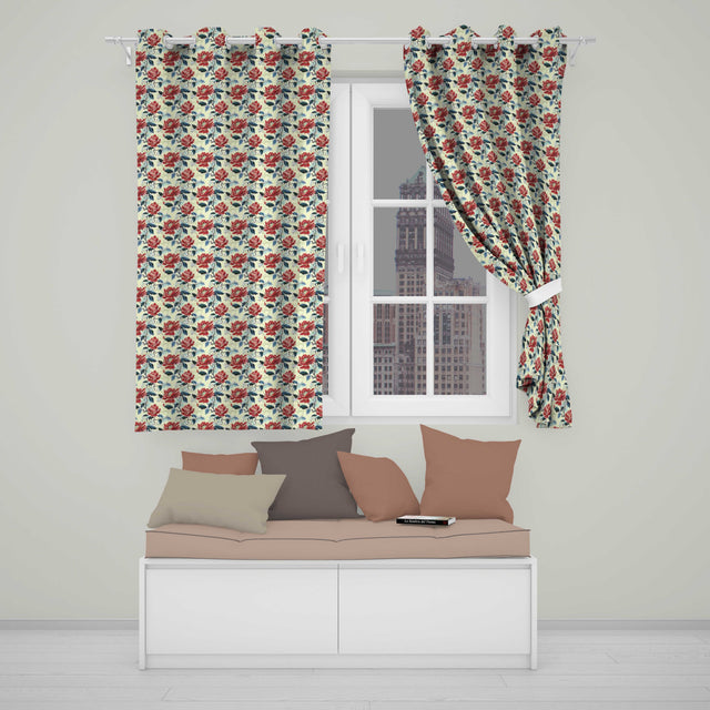 Oriental Inspired Red Blossom Floral   Cream Background Decorative Design  Readymade Eyelet Ring Top Thermal 100% Blackout Curtains