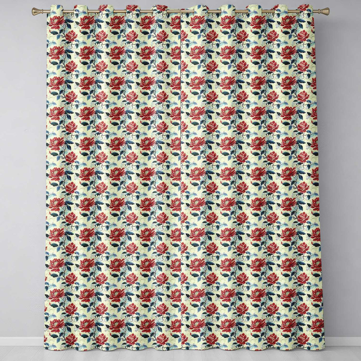 Oriental Inspired Red Blossom Floral   Cream Background Decorative Design  Readymade Eyelet Ring Top Thermal 100% Blackout Curtains