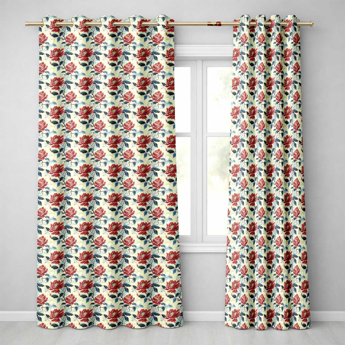 Oriental Inspired Red Blossom Floral   Cream Background Decorative Design  Readymade Eyelet Ring Top Thermal 100% Blackout Curtains