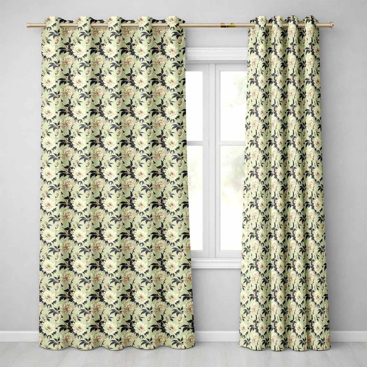 Timeless Botanical Floral   Ivory Background Classic Vintage Style  Readymade Eyelet Ring Top Thermal 100% Blackout Curtains