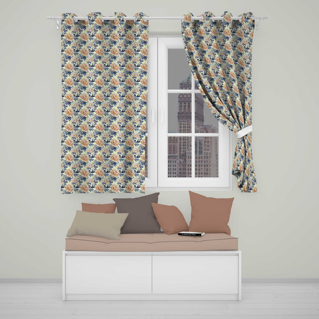 Orange Blue Peony Floral Vintage Botanical Seamless  Readymade Eyelet Ring Top Thermal 100% Blackout Curtains