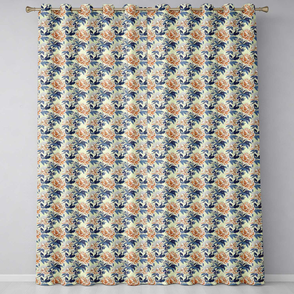Orange Blue Peony Floral Vintage Botanical Seamless  Readymade Eyelet Ring Top Thermal 100% Blackout Curtains