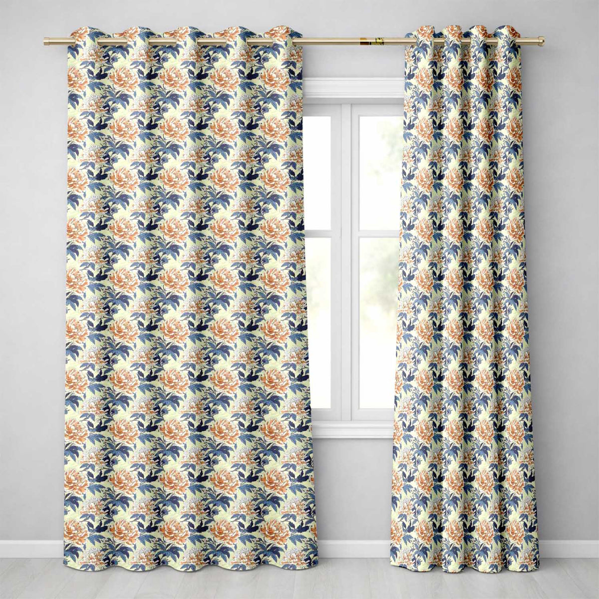 Orange Blue Peony Floral Vintage Botanical Seamless  Readymade Eyelet Ring Top Thermal 100% Blackout Curtains