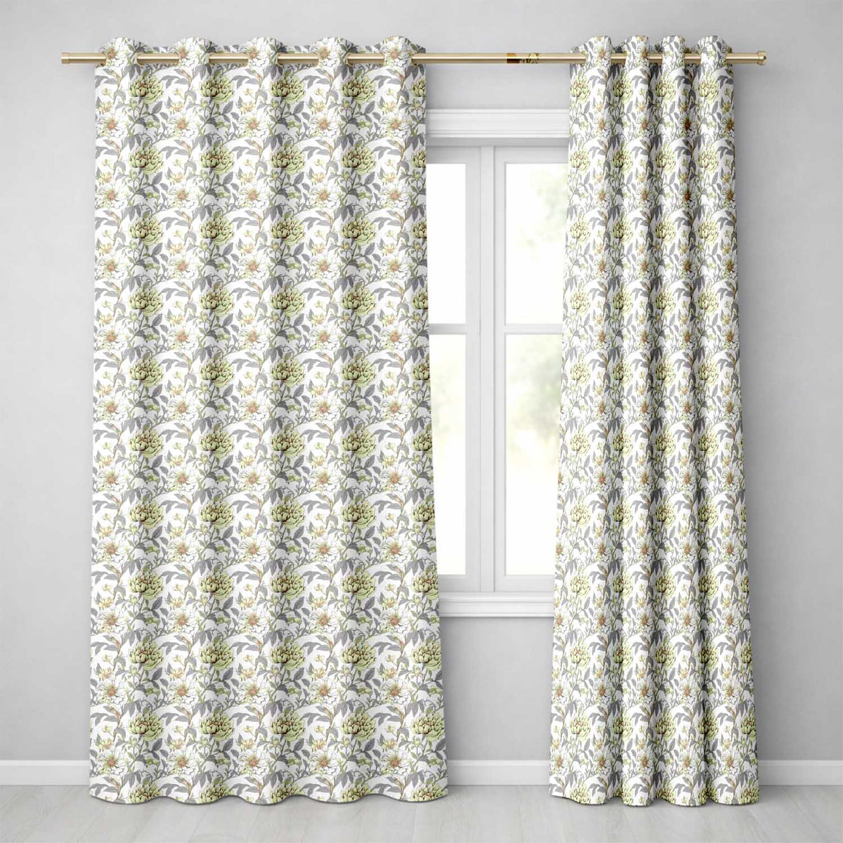 Neutral Beige Vintage Floral Botanical Seamless  Readymade Eyelet Ring Top Thermal 100% Blackout Curtains