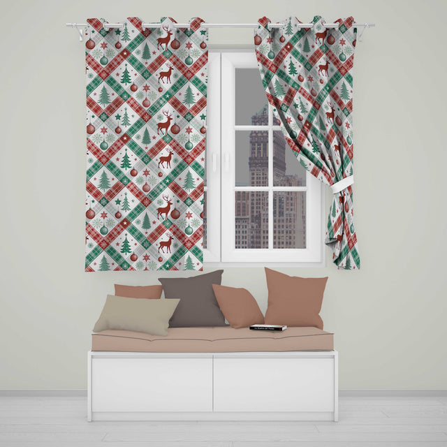 Classic Christmas Plaid Tree Reindeer Seamless  Readymade Eyelet Ring Top Thermal 100% Blackout Curtains