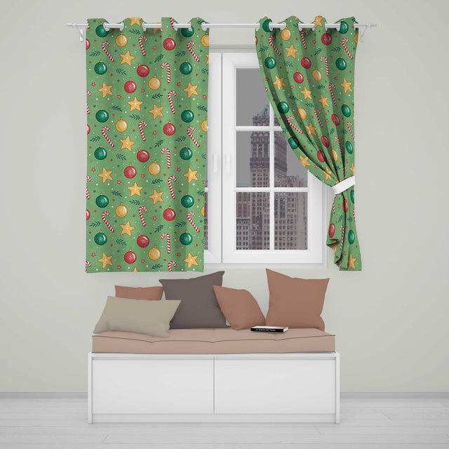 Christmas Candy Cane Baubles Stars Green Festive Seamless  Readymade Eyelet Ring Top Thermal 100% Blackout Curtains