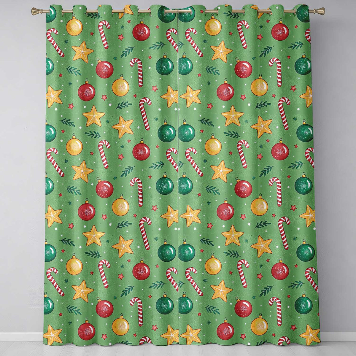 Christmas Candy Cane Baubles Stars Green Festive Seamless  Readymade Eyelet Ring Top Thermal 100% Blackout Curtains