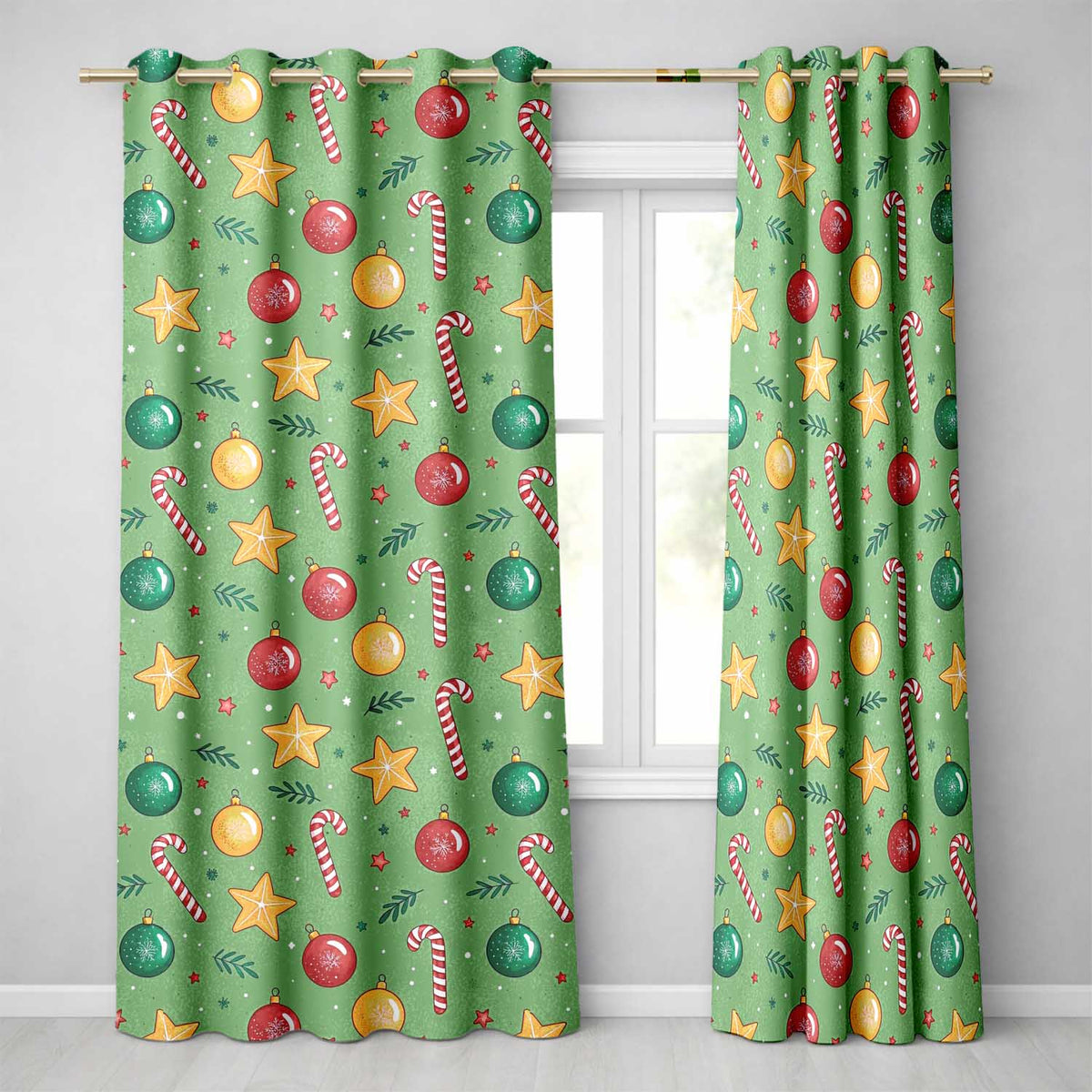 Christmas Candy Cane Baubles Stars Green Festive Seamless  Readymade Eyelet Ring Top Thermal 100% Blackout Curtains