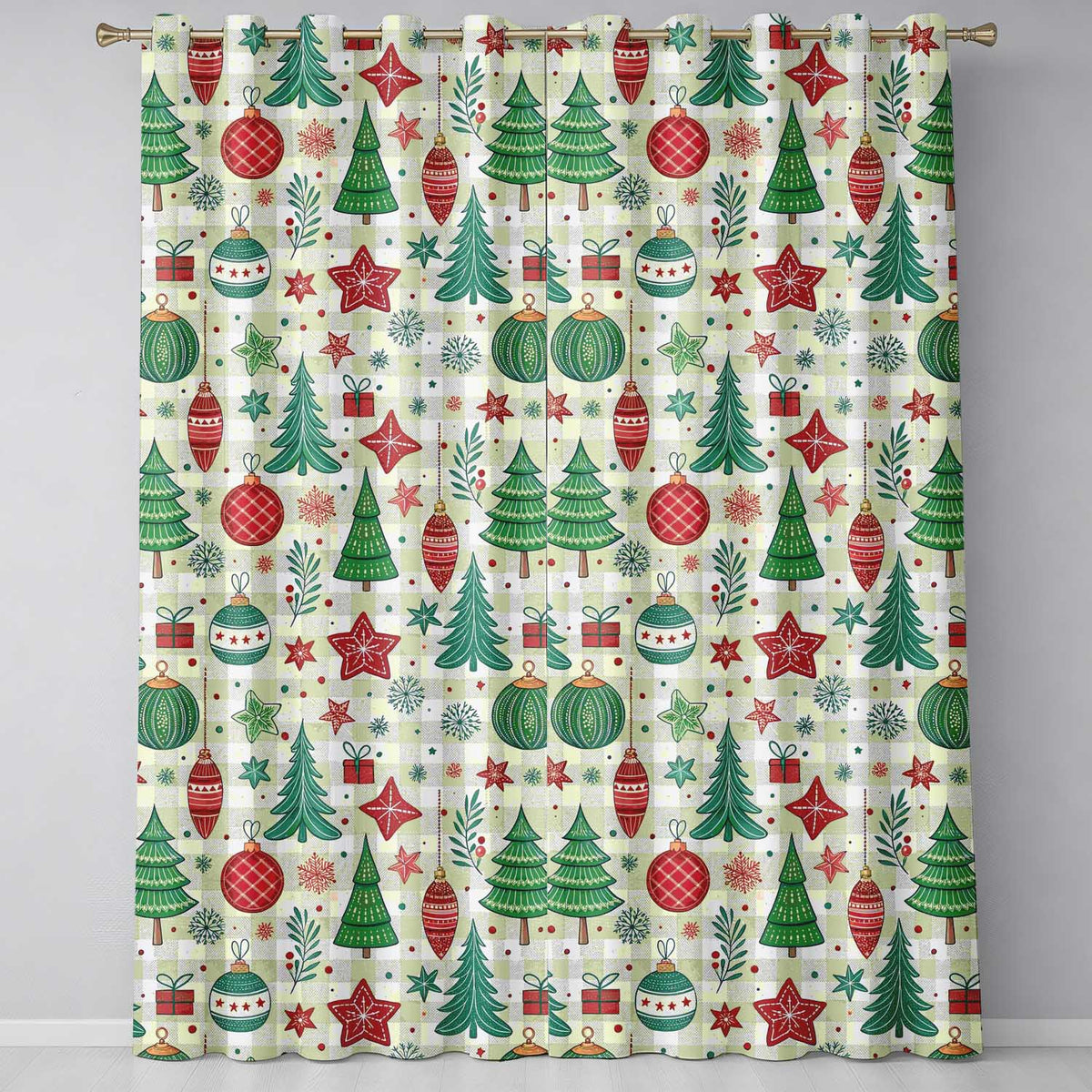 Christmas Ornaments Trees Snowflakes Checkered Festive Seamless  Readymade Eyelet Ring Top Thermal 100% Blackout Curtains