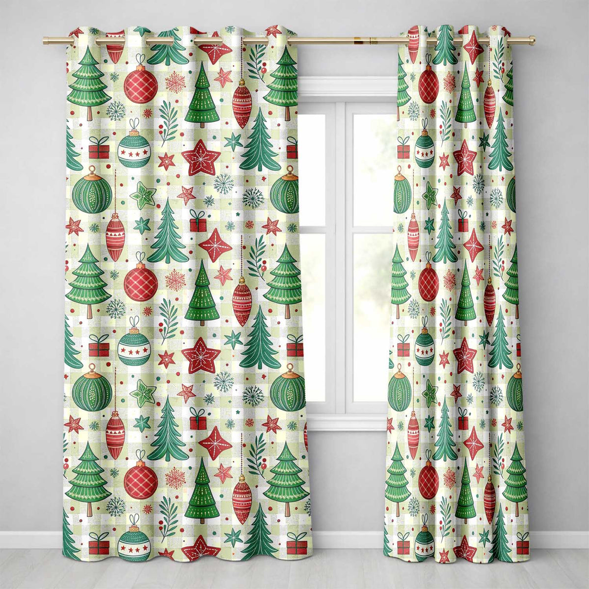 Christmas Ornaments Trees Snowflakes Checkered Festive Seamless  Readymade Eyelet Ring Top Thermal 100% Blackout Curtains