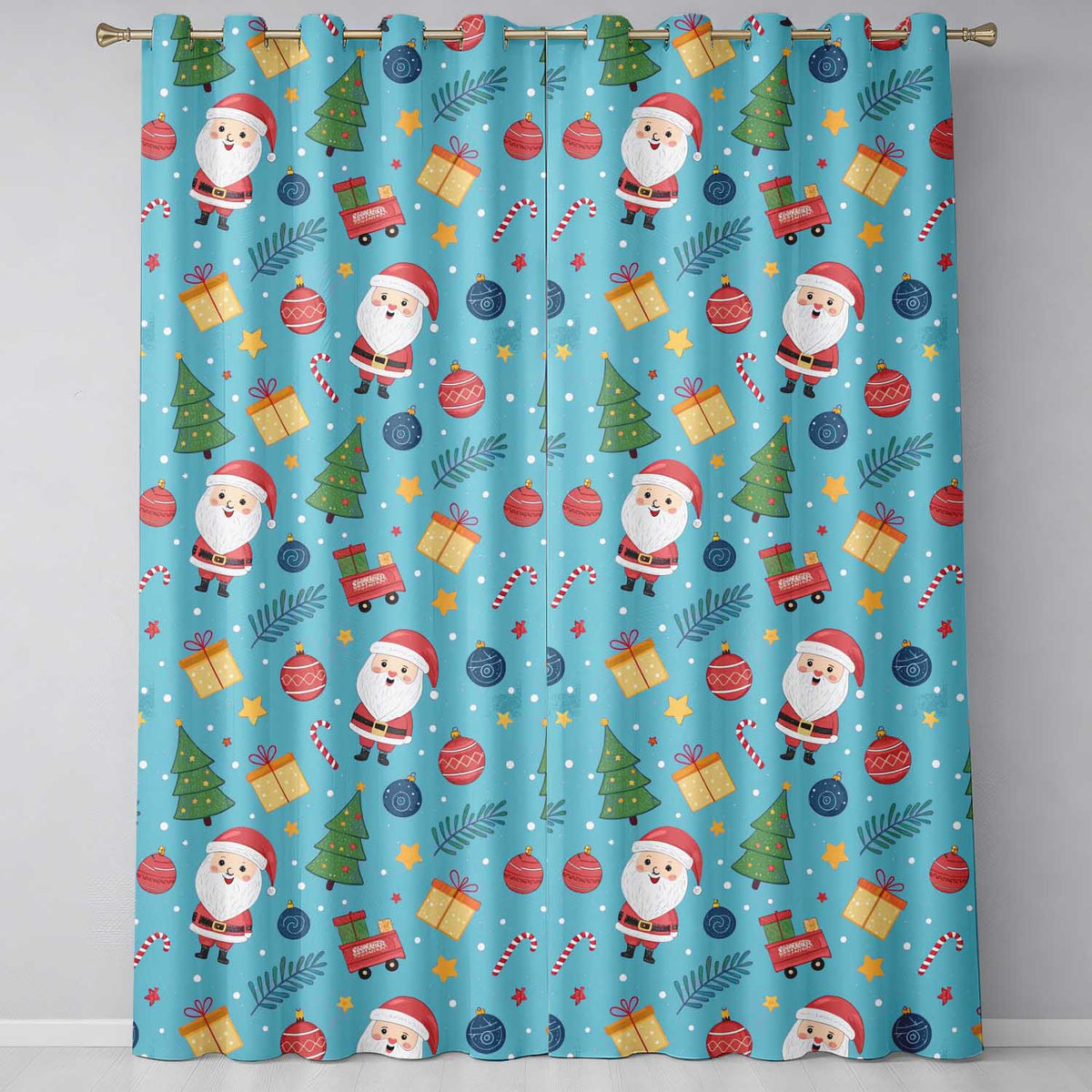 Santa Gifts Christmas Tree Blue Festive Seamless  Readymade Eyelet Ring Top Thermal 100% Blackout Curtains