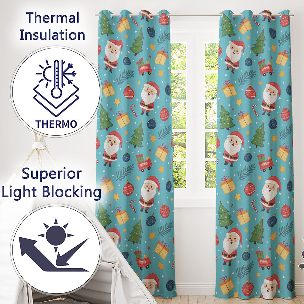 Santa Gifts Christmas Tree Blue Festive Seamless  Readymade Eyelet Ring Top Thermal 100% Blackout Curtains