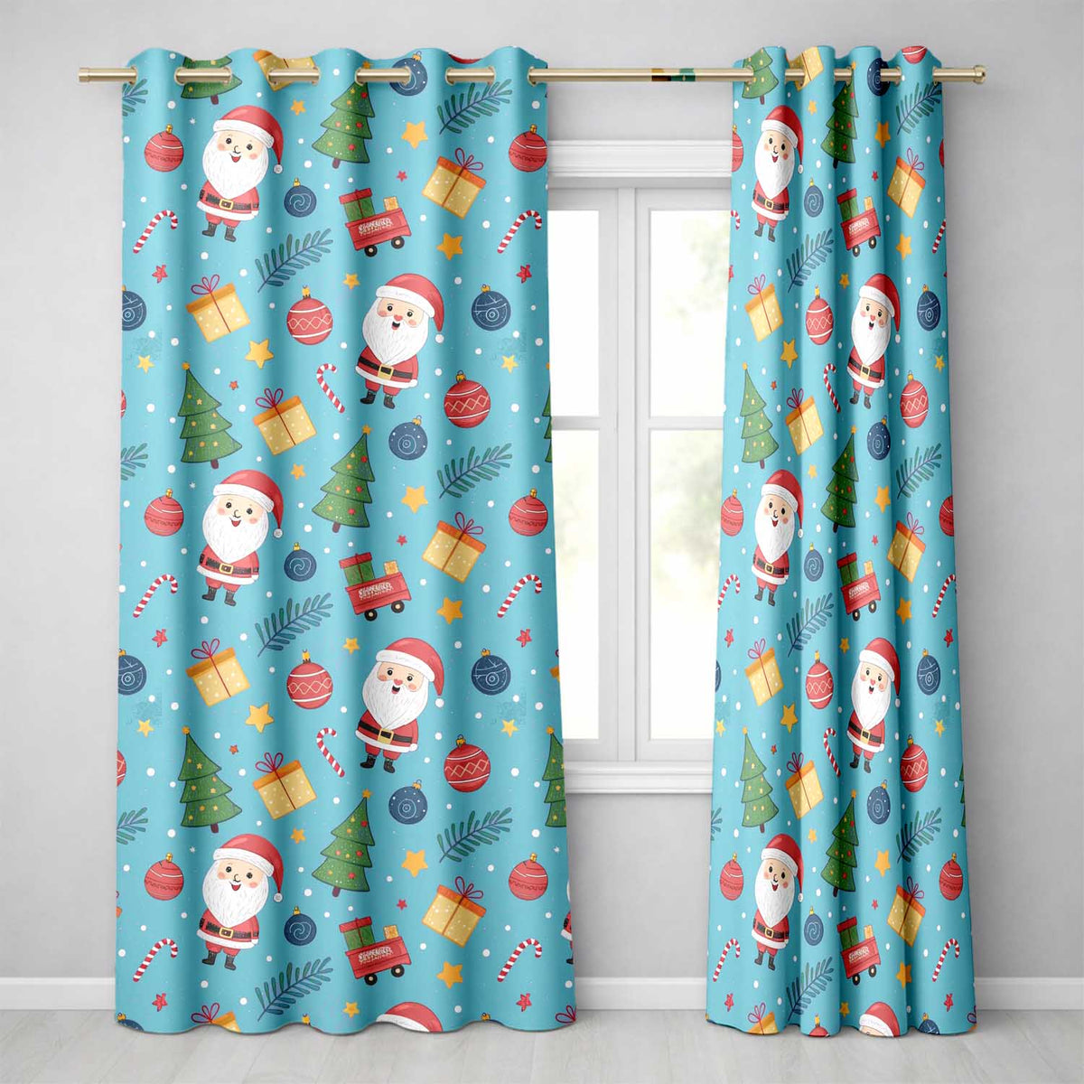 Santa Gifts Christmas Tree Blue Festive Seamless  Readymade Eyelet Ring Top Thermal 100% Blackout Curtains