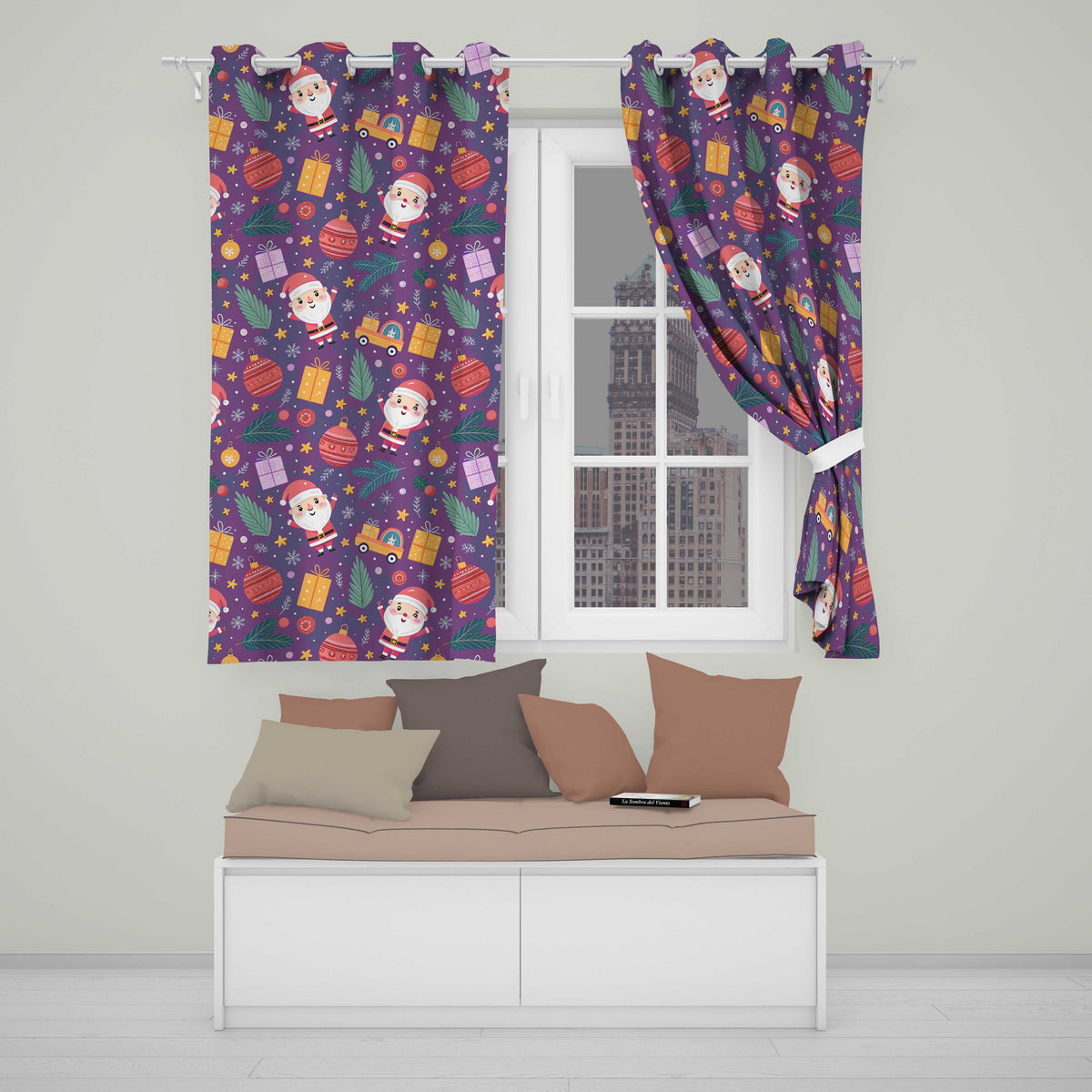 Santa Sleigh Gifts Purple Christmas Festive Seamless  Readymade Eyelet Ring Top Thermal 100% Blackout Curtains