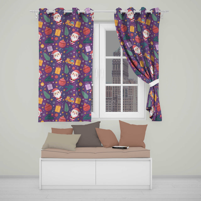 Santa Sleigh Gifts Purple Christmas Festive Seamless  Readymade Eyelet Ring Top Thermal 100% Blackout Curtains