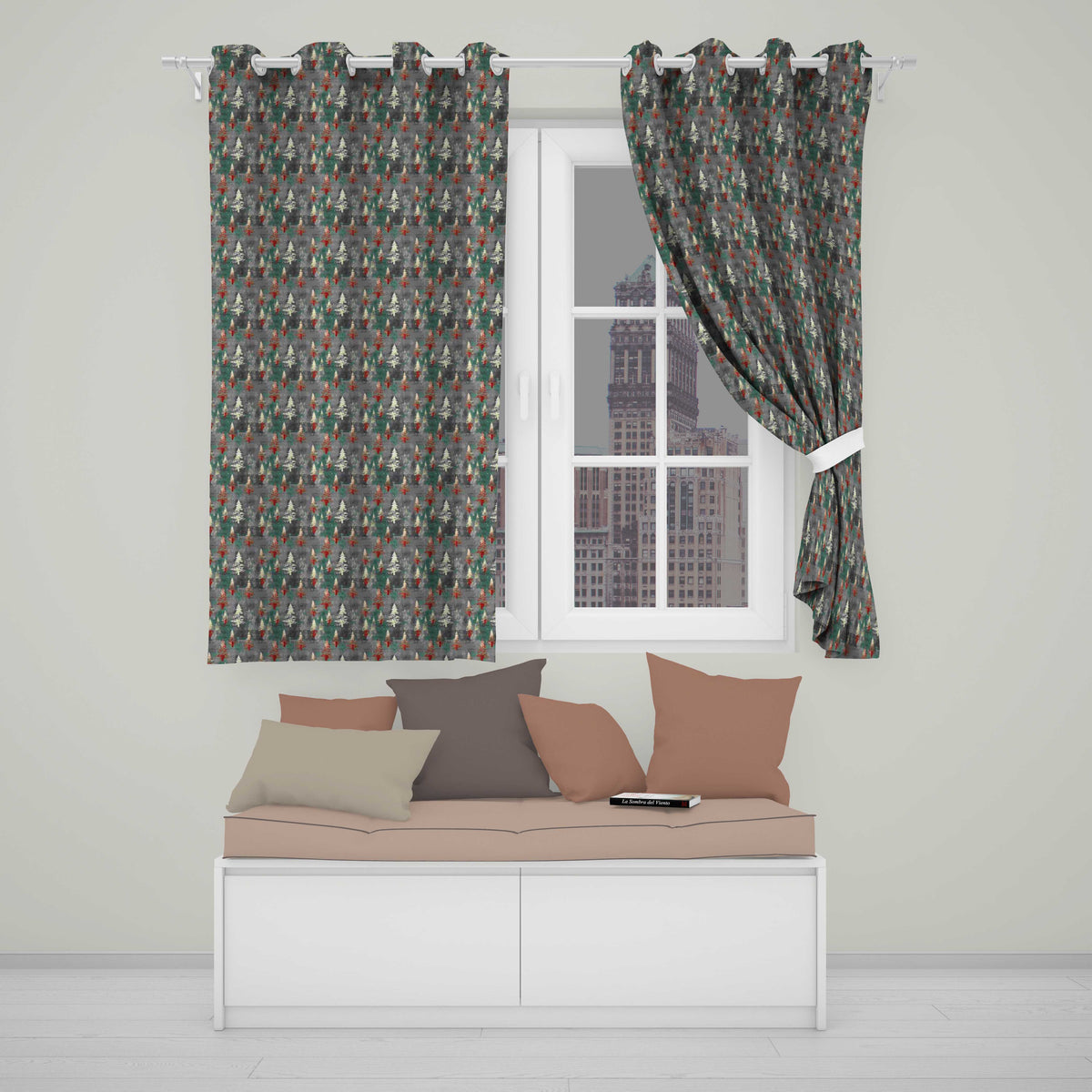 Abstract Watercolor Christmas Trees Green Artistic Seamless  Readymade Eyelet Ring Top Thermal 100% Blackout Curtains