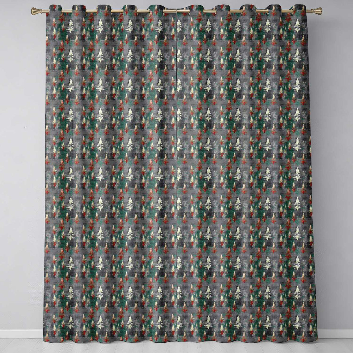 Abstract Watercolor Christmas Trees Green Artistic Seamless  Readymade Eyelet Ring Top Thermal 100% Blackout Curtains
