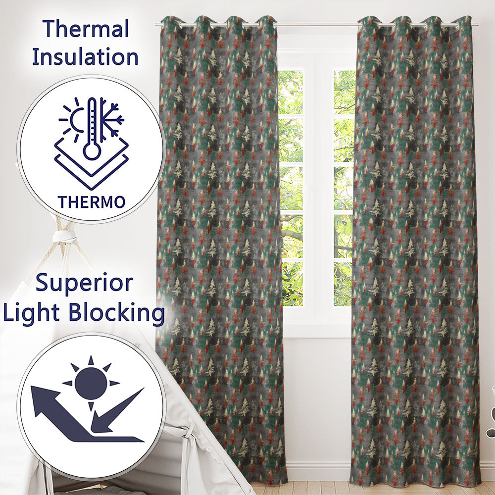 Abstract Watercolor Christmas Trees Green Artistic Seamless  Readymade Eyelet Ring Top Thermal 100% Blackout Curtains