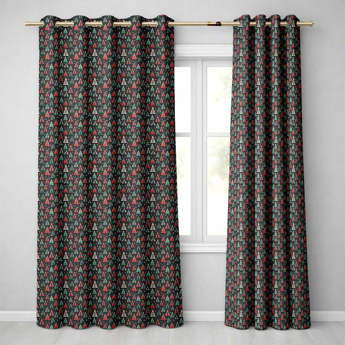 Dark Background Christmas Trees  Festive Seamless  Readymade Eyelet Ring Top Thermal 100% Blackout Curtains
